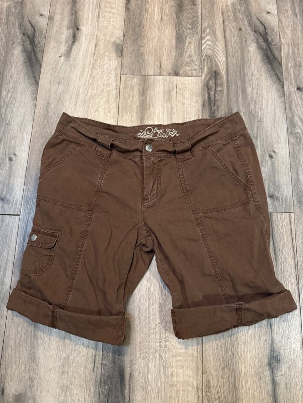 Brown Lilu Womens Cargo Bermuda Shorts Size 9 100% Cotton Roll-Up Hem Pockets